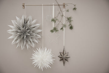 Juldekorationer i olika stilar: pappers- och metallornament från Lene Bjerre